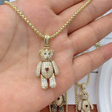 CZ Teddy Chunky Crystal Bear Heart Charms Women Necklace