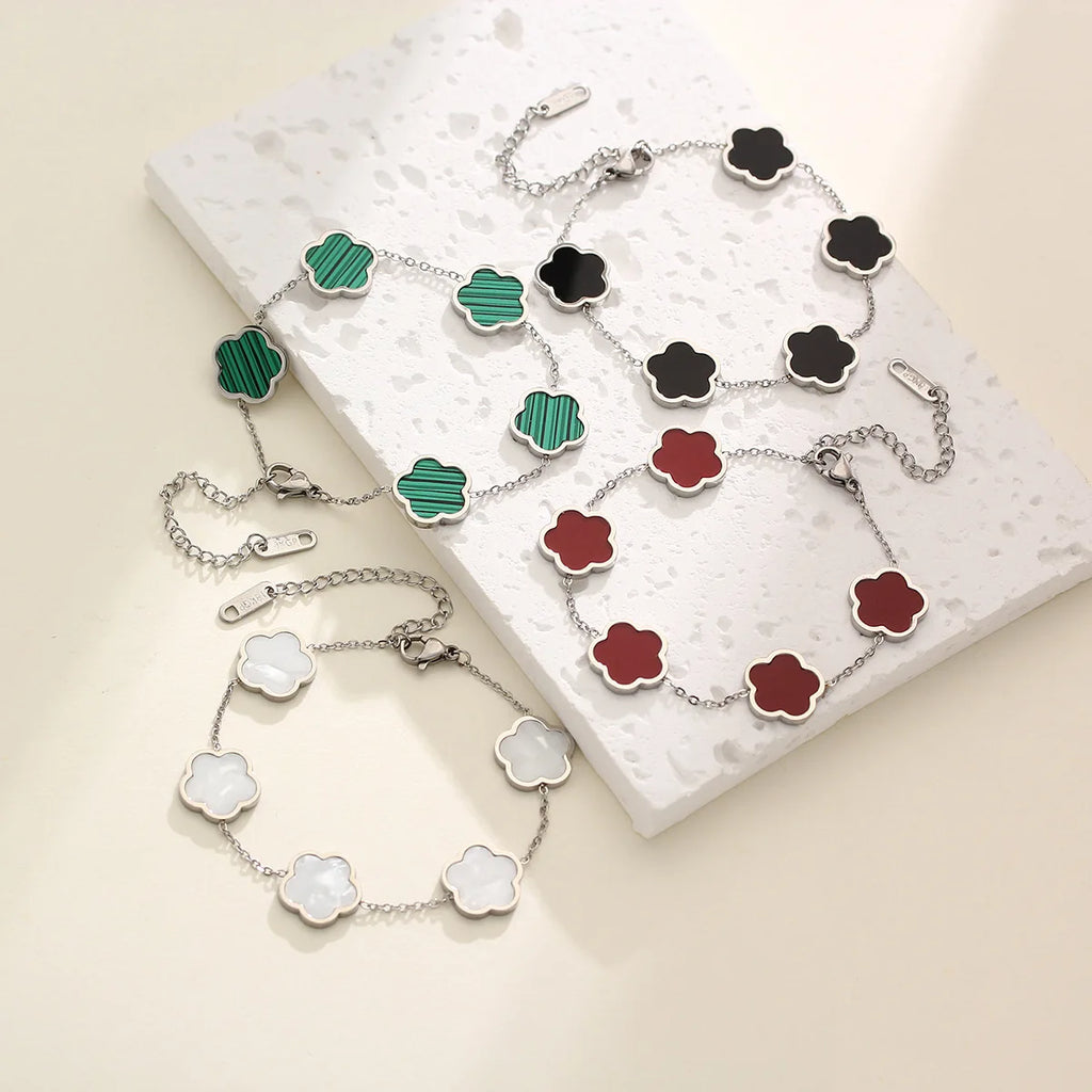 Colorful Five Leaf Flower Charm Bracelet Women Stainless Steel Clover Jewelry