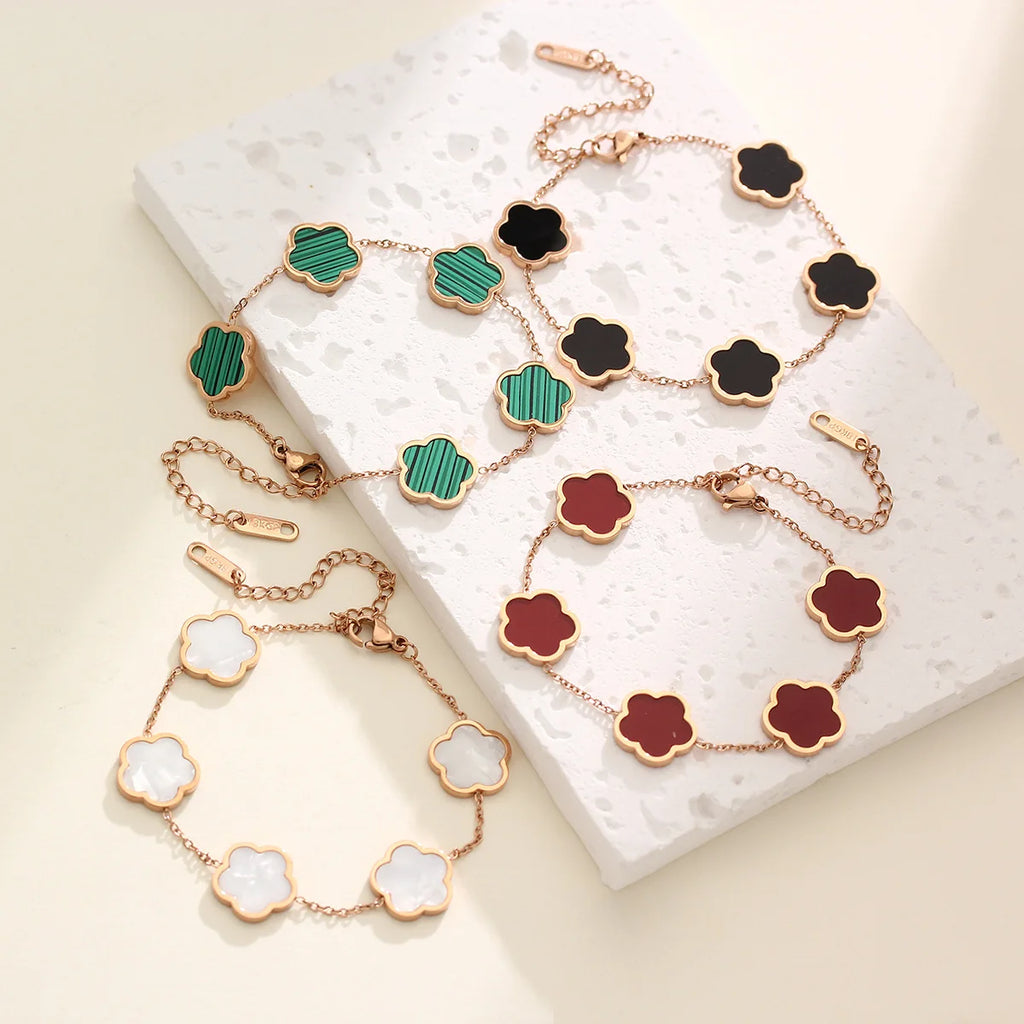 Colorful Five Leaf Flower Charm Bracelet Women Stainless Steel Clover Jewelry
