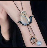 Opal Flower Crystal Pendant Long Necklace for Women