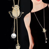 Opal Flower Crystal Pendant Long Necklace for Women