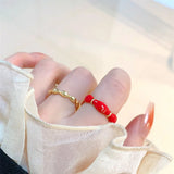 Red Drop Glazed Bamboo Knot Adjustable Ring Small Temperament Ring Banquet Jewel