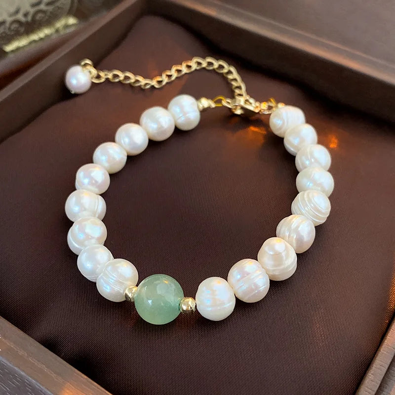 Light Jade Freshwater Pearl Beaded Chain Bracelet for Women