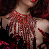 Long Tassel Rhinestone Choker Necklace Maxi Pendant Red Statement Jewelry