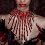 Long Tassel Rhinestone Choker Necklace Maxi Pendant Red Statement Jewelry