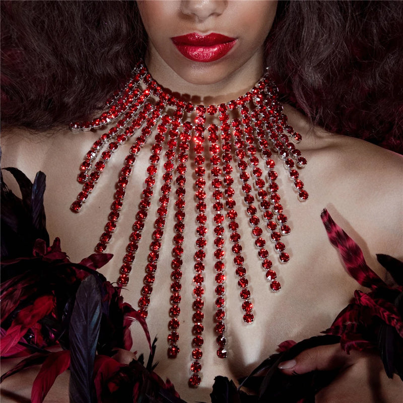 Long Tassel Rhinestone Choker Necklace Maxi Pendant Red Statement Jewelry