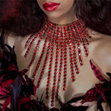 Long Tassel Rhinestone Choker Necklace Maxi Pendant Red Statement Jewelry