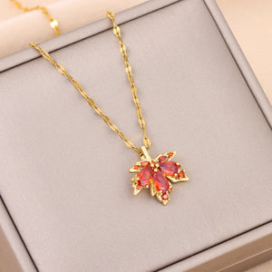 Romantic Red Maple Leaf Pendant Necklace Stainless Steel Jewelry