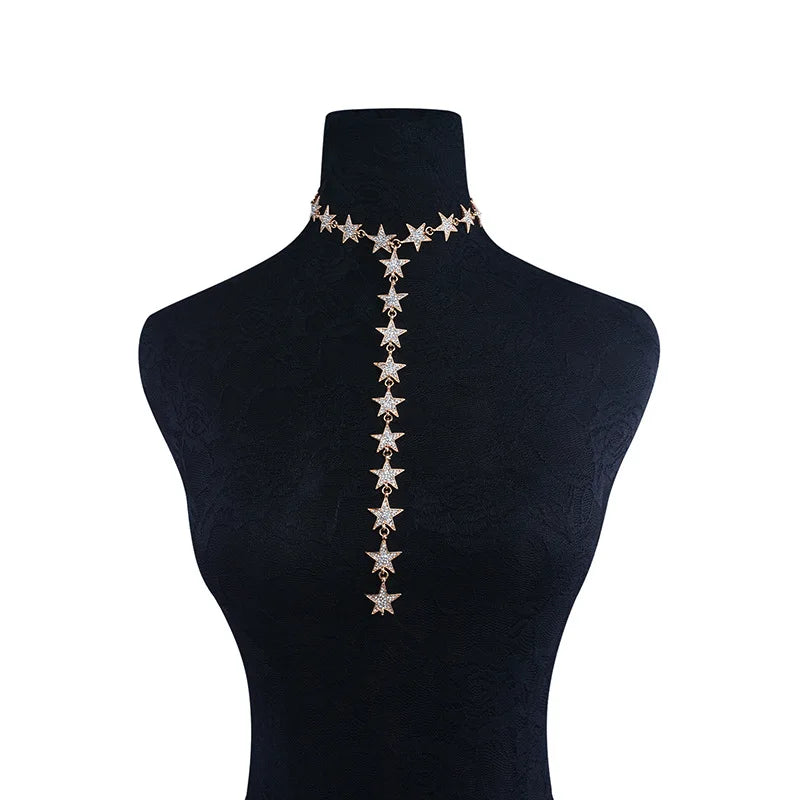 Stars Choker Necklace Crystal Rhinestone Women Body Jewelry