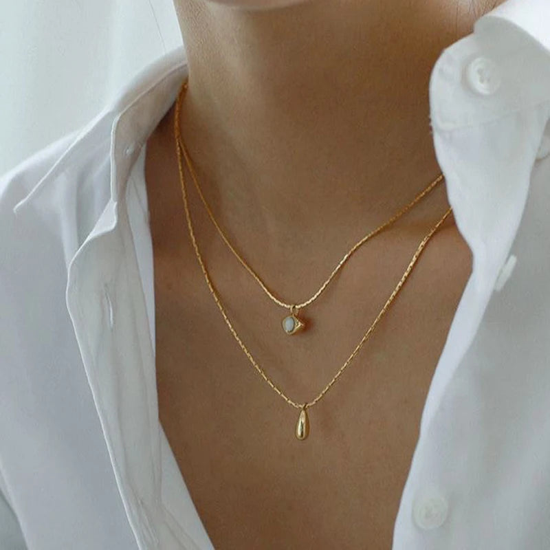Multilayer Vintage Oval Pendant Necklace Titanium Steel Natural Stone Necklace