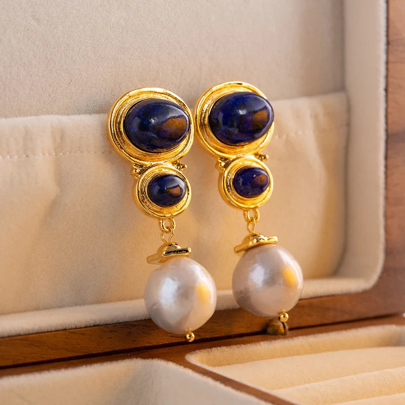 Lapis Lazuli Pearl Drop Earrings for Women Girls Party Gift