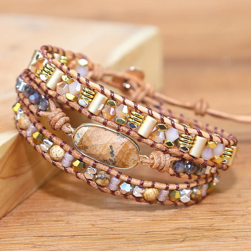 Stone Charm Wrap Bracelet 3x Braid Leather Boho Beads DIY Jewelry Drop
