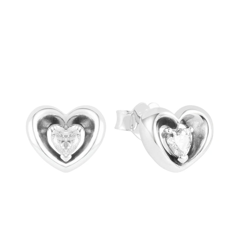 Radiant Heart & Floating Stone Stud Earrings 925 Sterling Silver