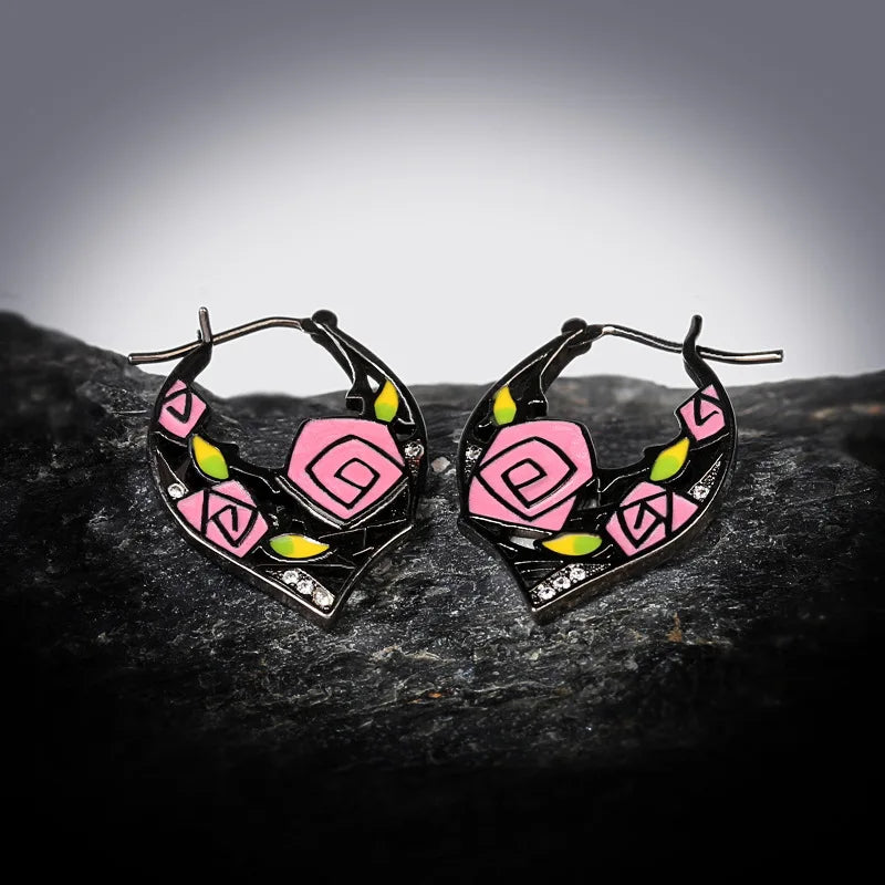 Retro Forest Flower Enamel Earrings 925 Silver Needle