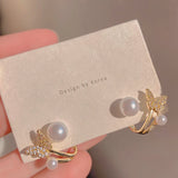 Rhinestone Butterfly Pearl Stud Earrings Party Jewelry