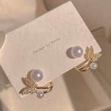 Rhinestone Butterfly Pearl Stud Earrings Party Jewelry