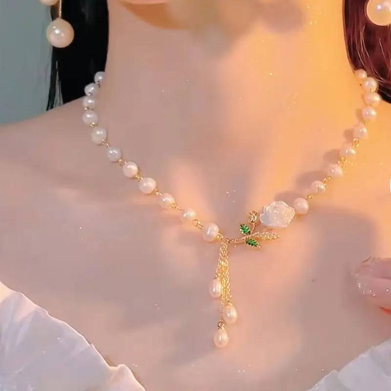 Rose Flower Pearl Necklace Zircon Butterfly Heart Shape Wedding Party Jewelry