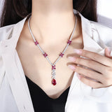 Ruby Crystal Red Flower Petals Pendant Necklace Small Butterfly