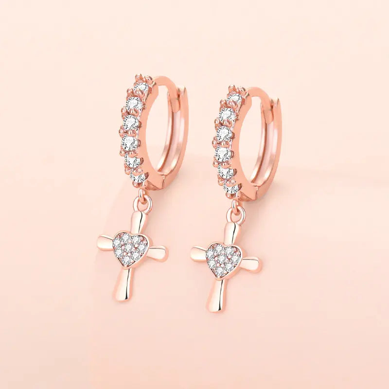 925 Silver Cross Heart Zircon Earrings Wedding Gift