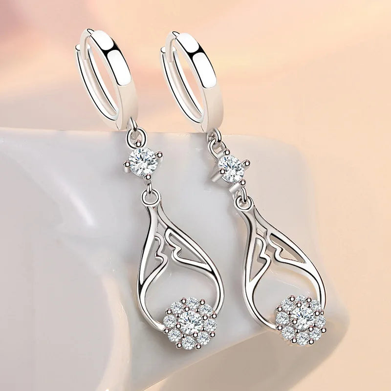S925 Sterling Silver Zircon Earrings 46MM Hollow Water Drop Earrings