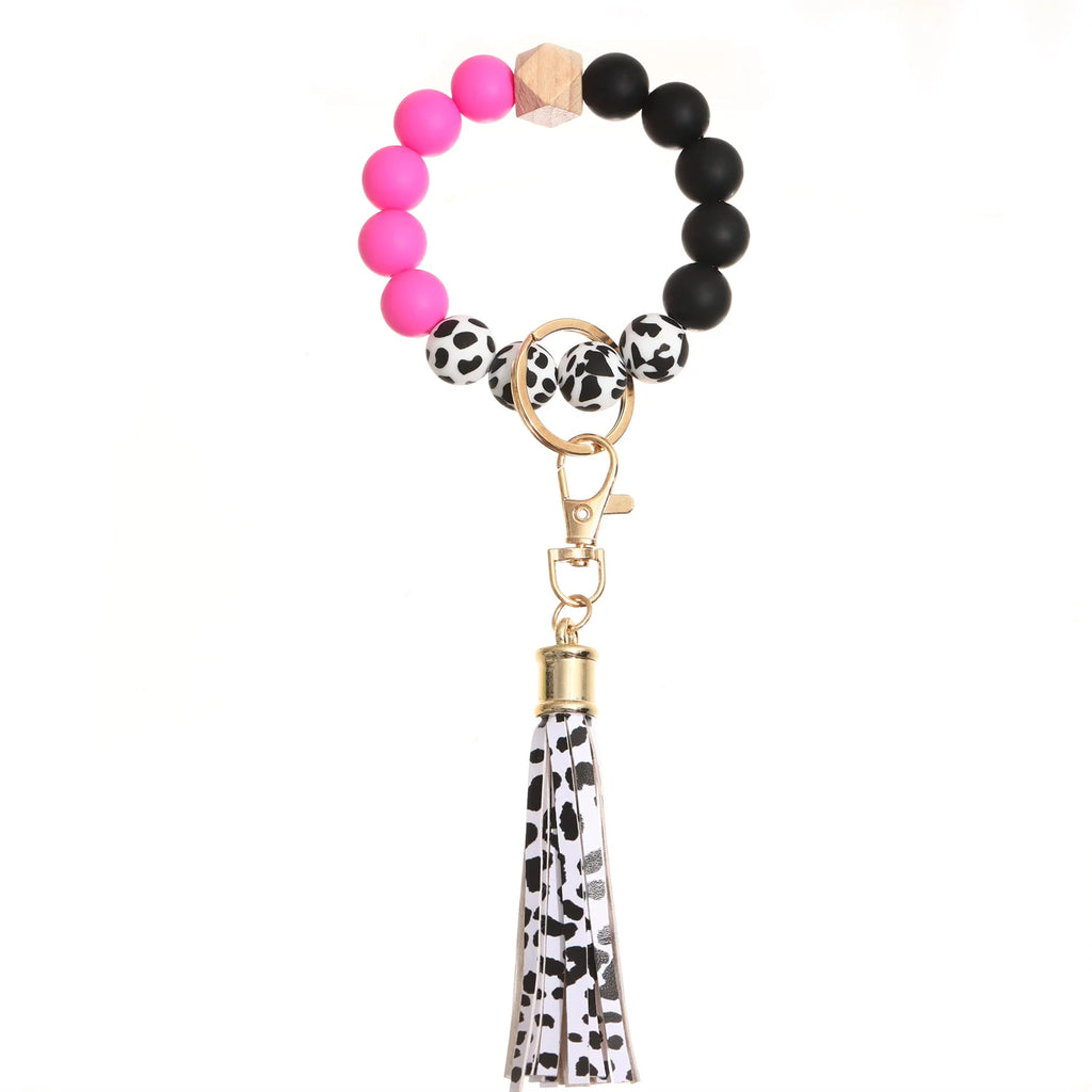 Silicone Keychain Wood Beads Charm Bracelet & Bangle Keyring Women Accessories