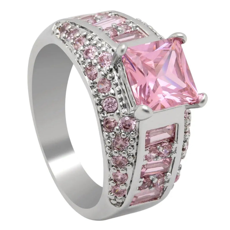 Square Cz Zirconia Silver Ring Pink/Purple/Blue