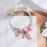 Retro Big Pink Bear Charm Bangle with Rhinestones