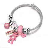 Retro Big Pink Bear Charm Bangle with Rhinestones