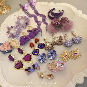 Vintage Purple Diamond Flower Heart Tassel Earrings Sweet Earrings