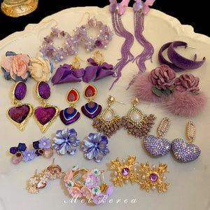 Vintage Purple Diamond Flower Heart Tassel Earrings Sweet Earrings