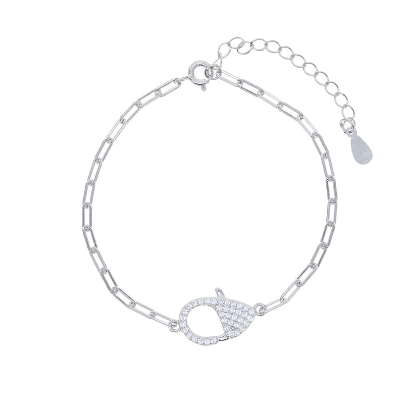 925 Silver CZ Charm Bracelet with Paper Clip Chain