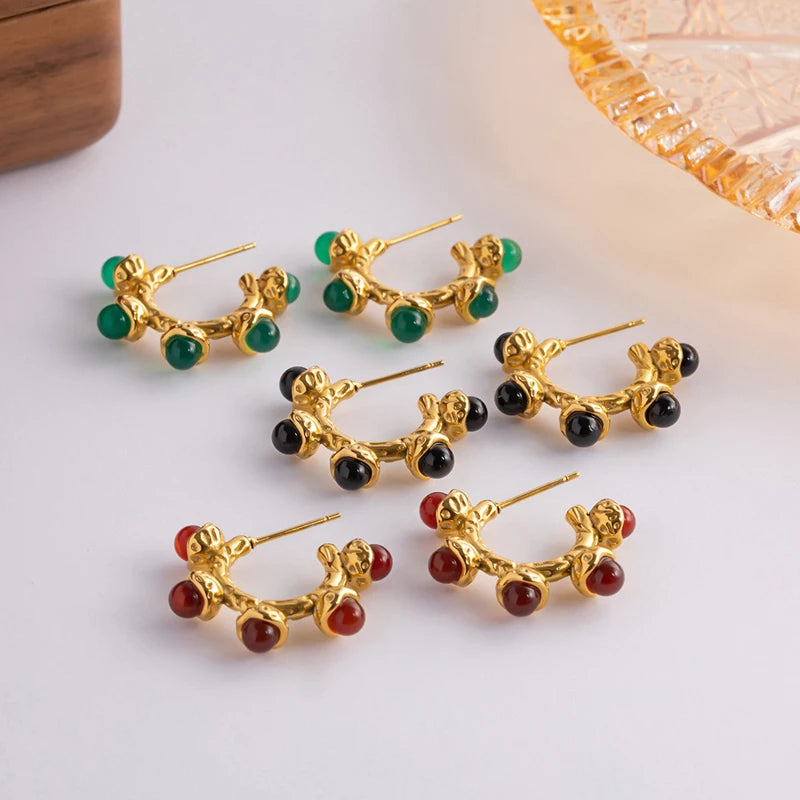 Vintage Green Red Stone Earrings Stainless Steel 18k Texture Fine Jewelry