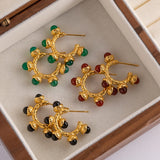 Vintage Green Red Stone Earrings Stainless Steel 18k Texture Fine Jewelry