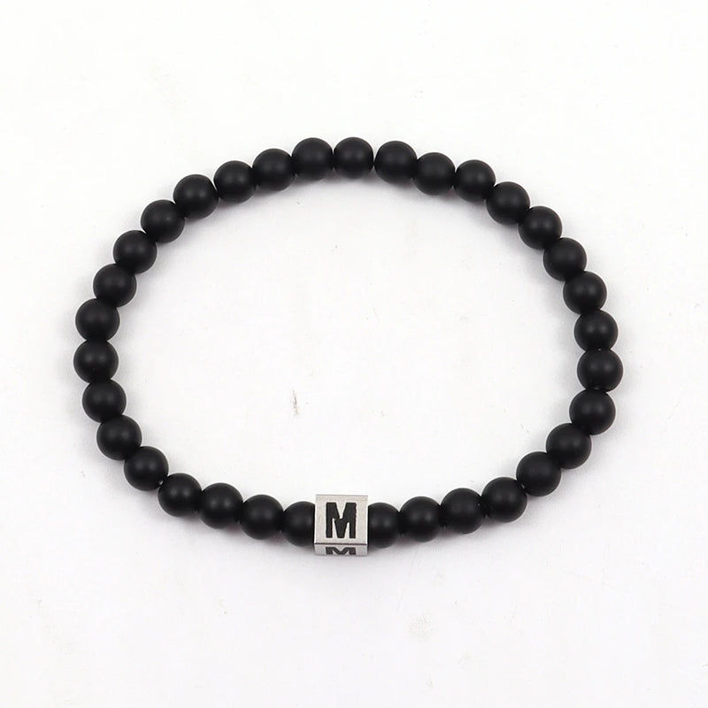 Men's Initial Bracelet Stainless Steel Stone Beaded A-Z Cube