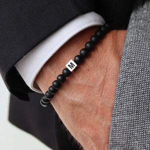 Men's Initial Bracelet Stainless Steel Stone Beaded A-Z Cube
