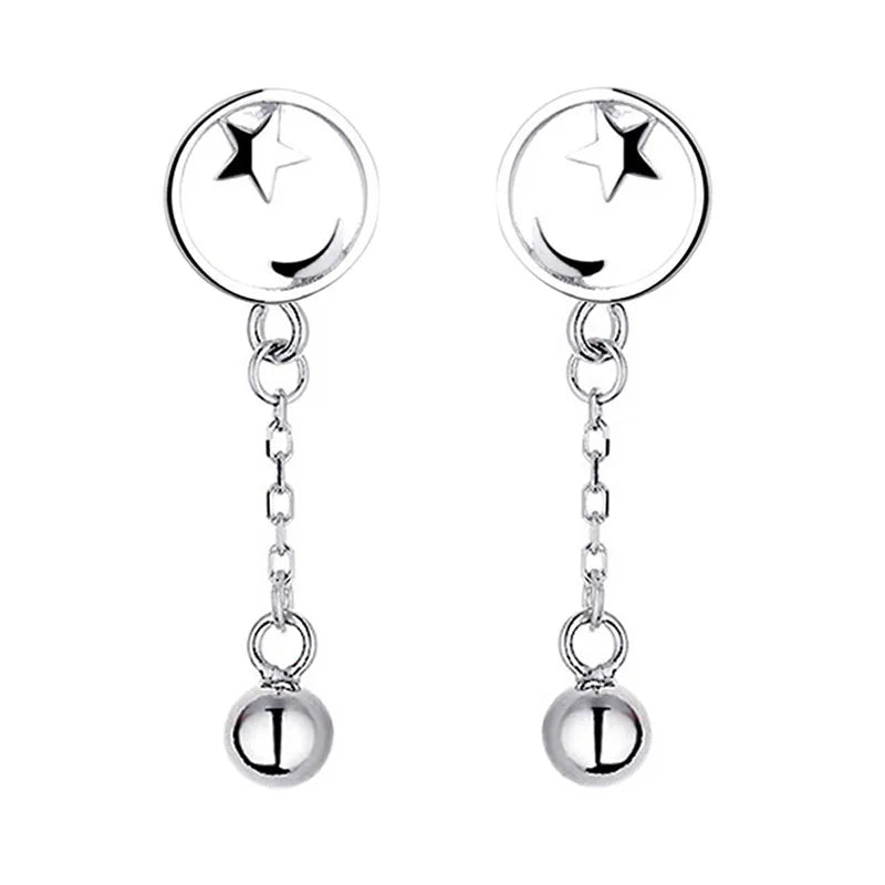 Star Moon Earrings with Dropping Beads 925 Silver Jewelry