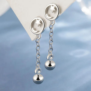 Star Moon Earrings with Dropping Beads 925 Silver Jewelry