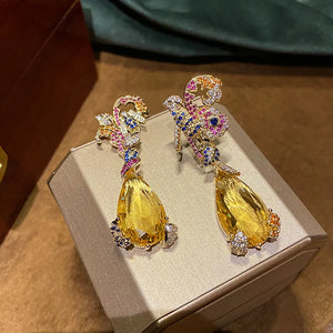 925 Silver Yellow CZ Crystal Drop Earrings Elegant Flower Design