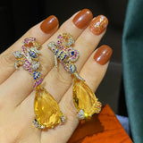 925 Silver Yellow CZ Crystal Drop Earrings Elegant Flower Design