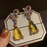 925 Silver Yellow CZ Crystal Drop Earrings Elegant Flower Design