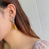 925 Silver Yellow CZ Crystal Drop Earrings Elegant Flower Design