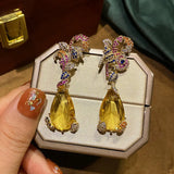 925 Silver Yellow CZ Crystal Drop Earrings Elegant Flower Design