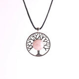 Natural Rose Quartz Stone Tree of Life Pendant Necklace