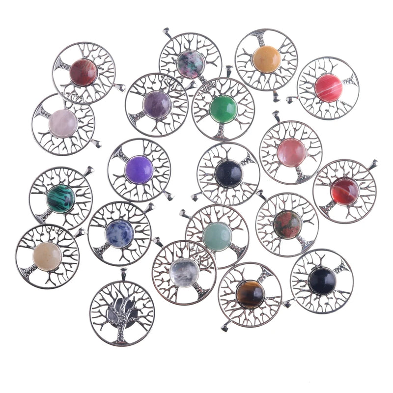 Natural Rose Quartz Stone Tree of Life Pendant Necklace