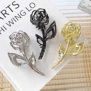 Vintage Metal Rose Rhinestones Hair Claw Flower Shape Clip