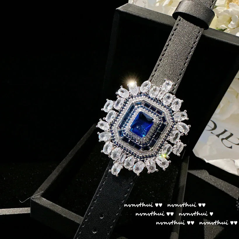 Vintage Sapphire Gemstone Bracelet for Women 925 Silver PU Belt Charm Strap