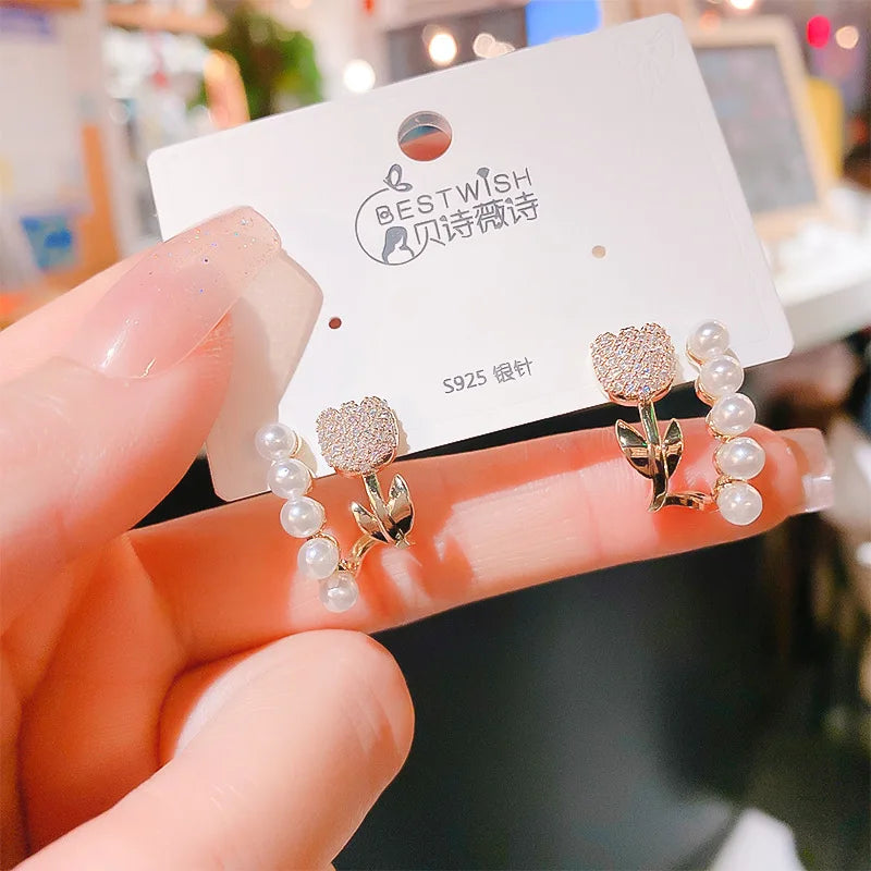 Tulip Pearl Small Crowd Sense Earrings for Girls