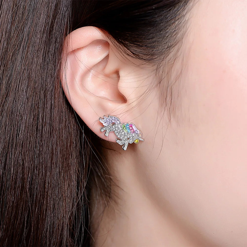 Unicorn Earrings Cartoon Jewelry Crystal Austrian 2 Colors Women Party