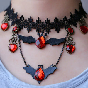 Vintage Bat Lace Necklace Halloween Jewelry