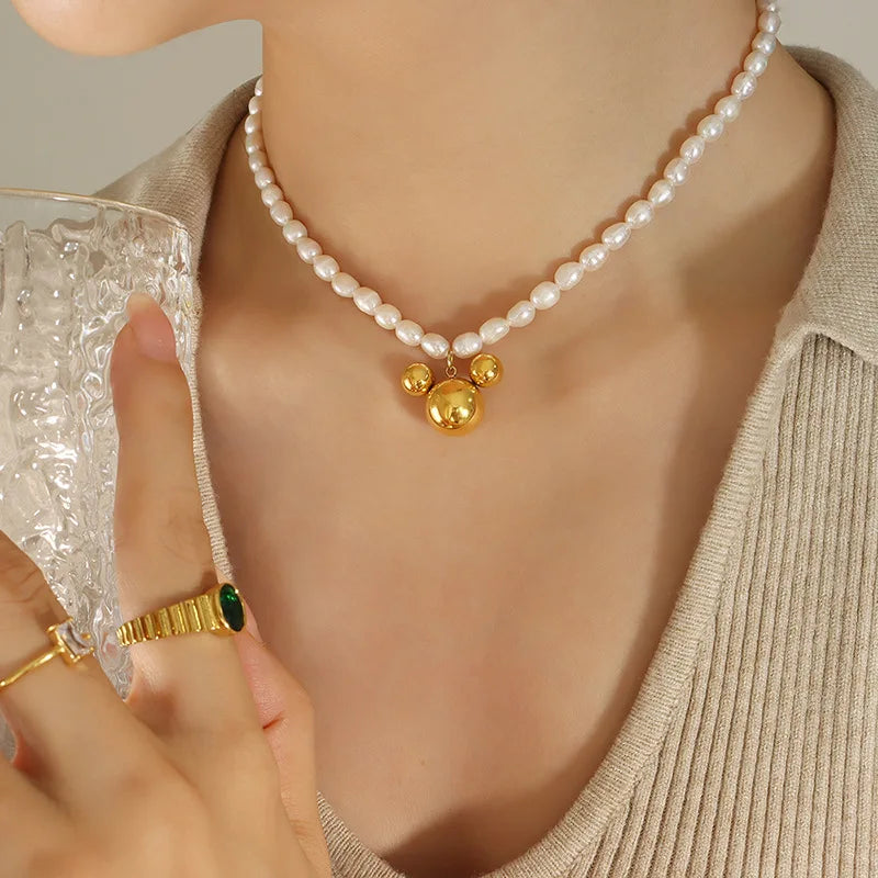 Baroque Freshwater Natural Pearl Mickey Pendant Necklace For Women Girls